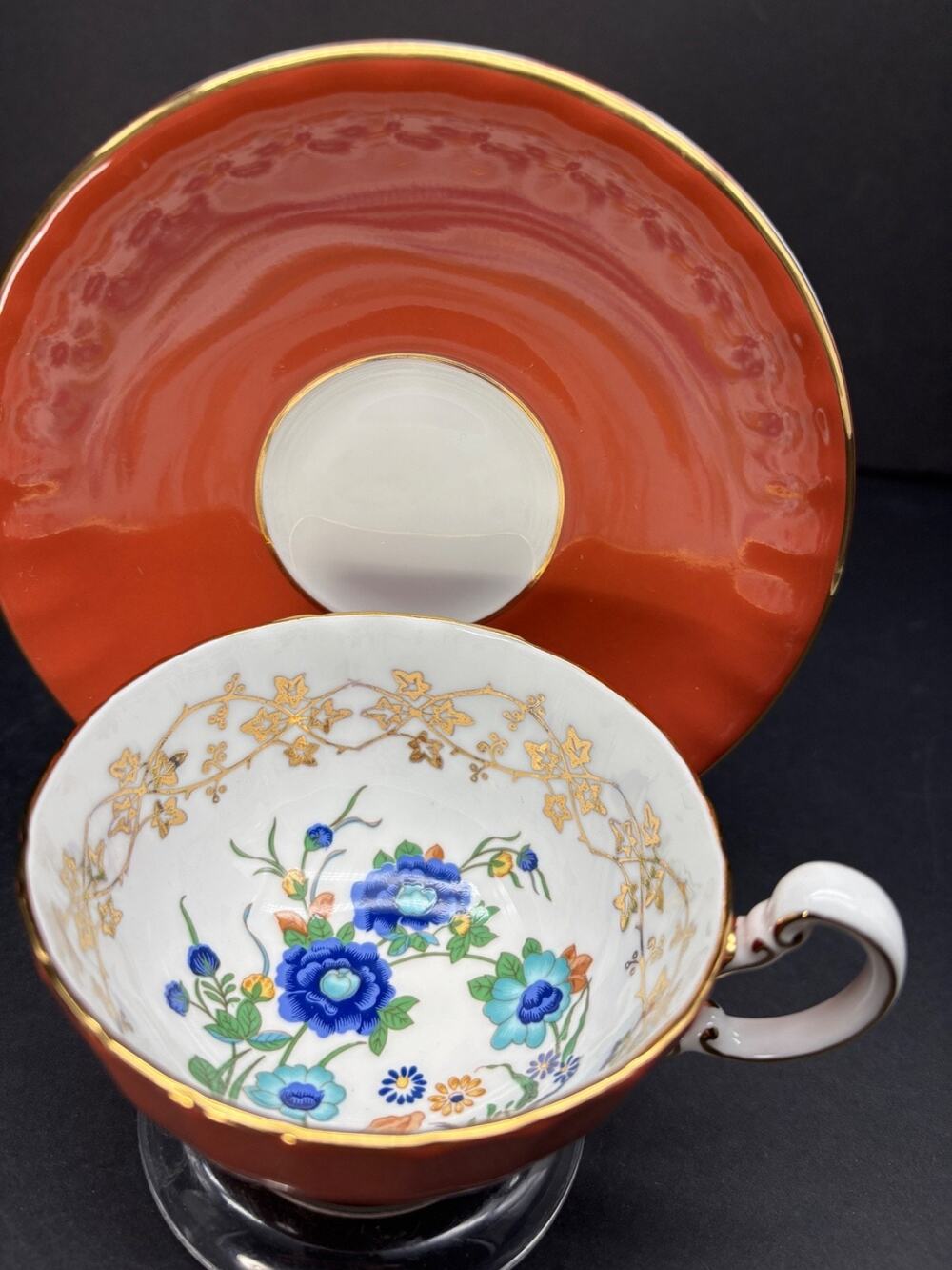 Vintage Aynsley Tea cup Saucer Rust Burnt Orange White Interior Blue Teal Flower